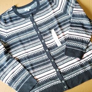 Croft & Barrow Extra cozy Cadigan Pink & Gray stripe cardigan large NWT